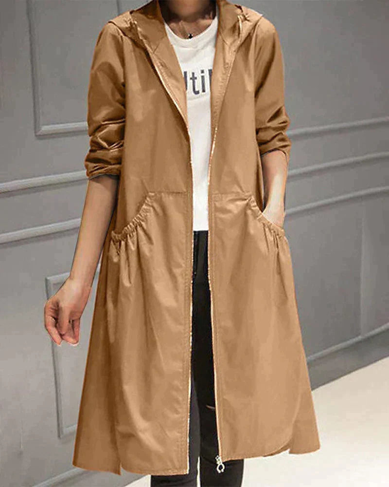 SUENTA Lange Regenjacke Für Damen Mit Kapuze Knielangen Schnitt - Winterjacke Damen Hellbraun