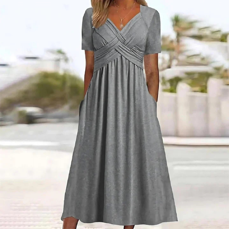 SUENTA Damen Weiches Midi-Kleid - A-Linie mit V-Ausschnitt Grau