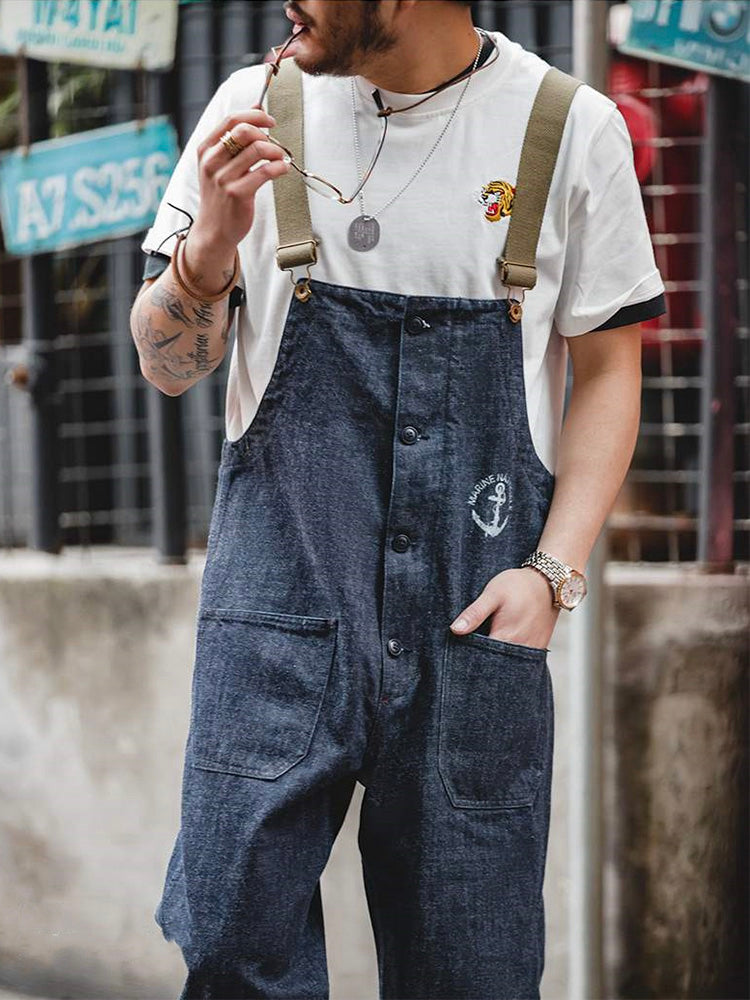 SUENTA Herren Amerikanischer Retro-Stil Navy Deck Overall Dunkelblau