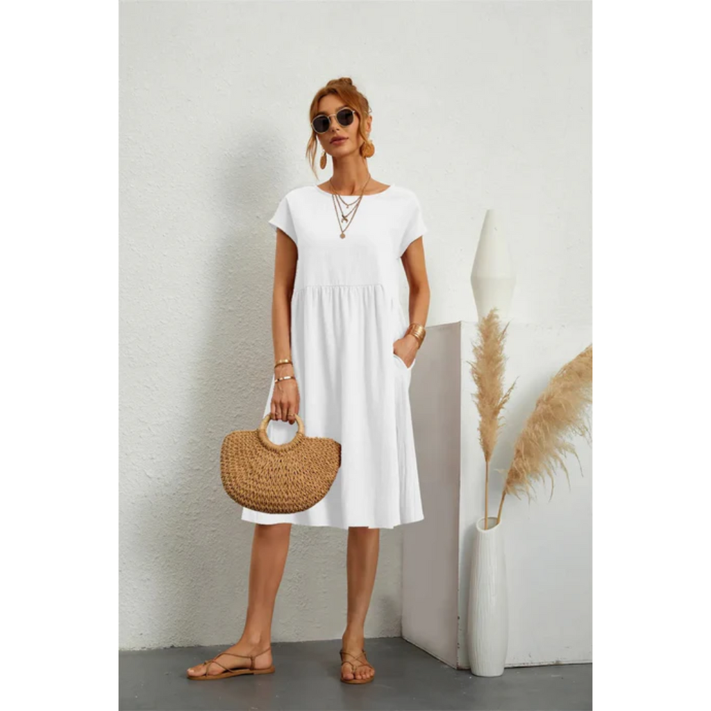 SUENTA Damen Sommerkleid – Midi Kleid mit Kurzen Ärmeln aus Hochwertigem Stoff Weiß