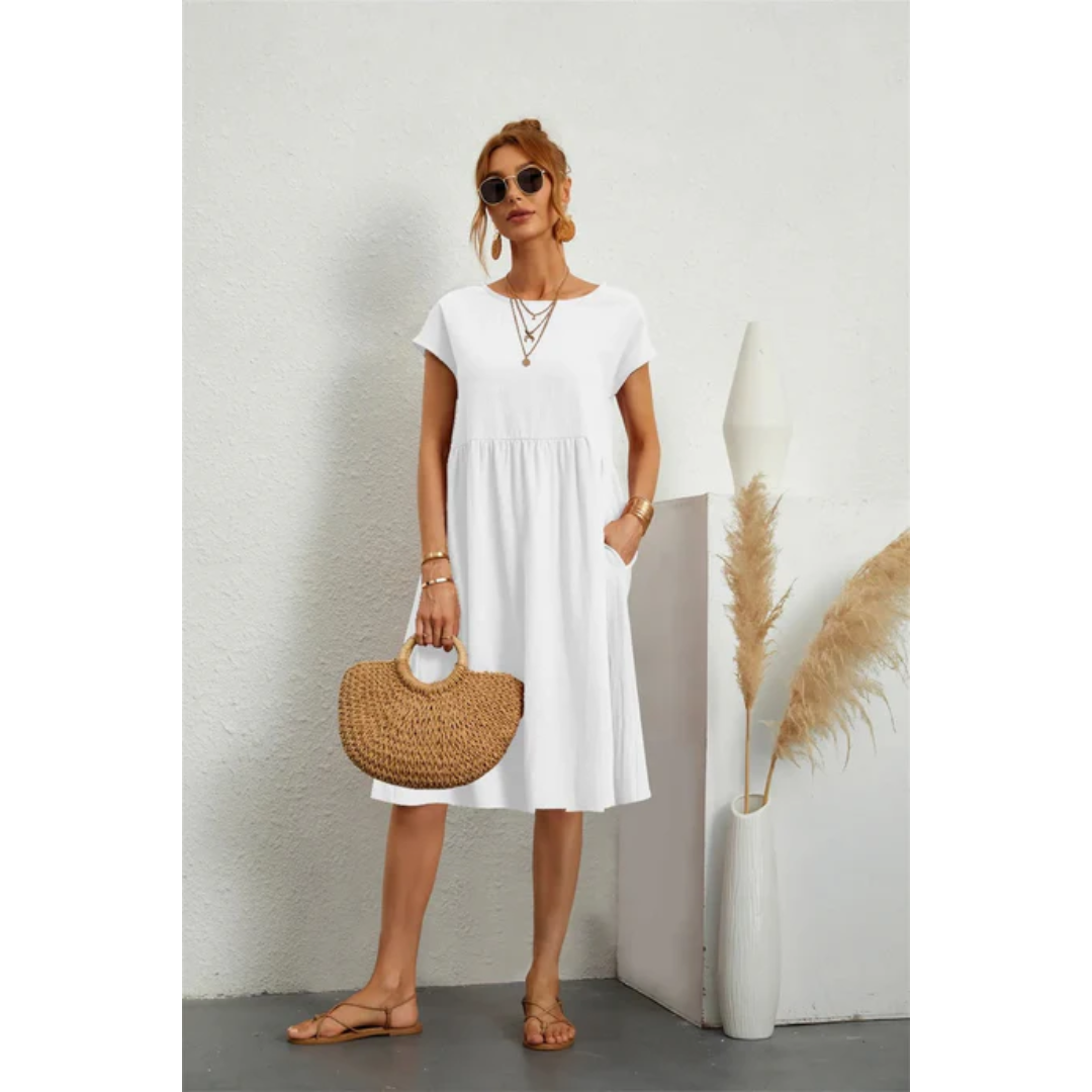 SUENTA Damen Sommerkleid – Midi Kleid mit Kurzen Ärmeln aus Hochwertigem Stoff Weiß