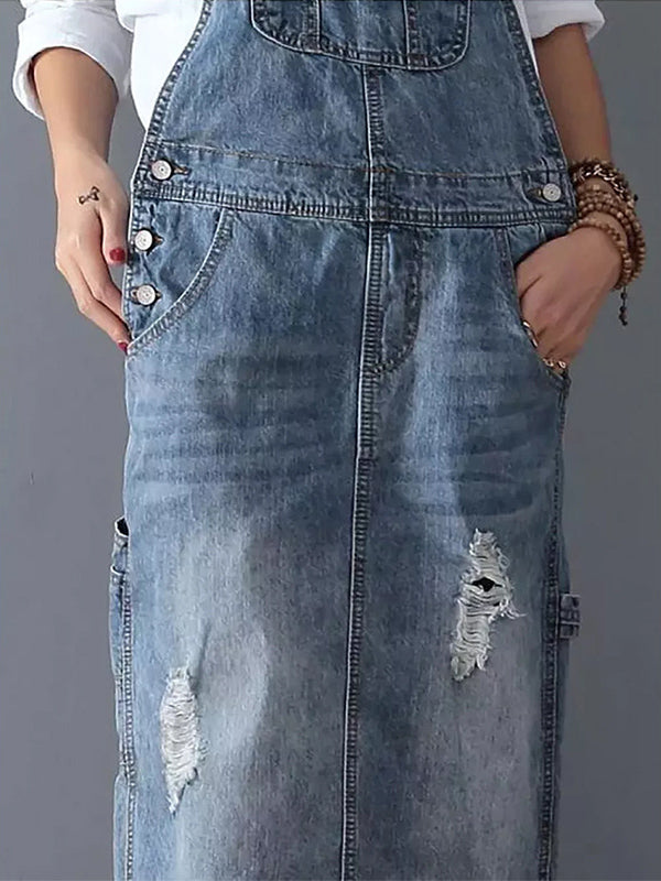 SUENTA Damen Denim Latzkleid – Distressed Overall aus Denimstoff mit Rückenschlitz
