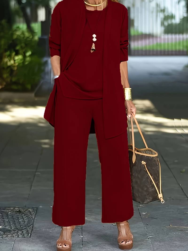 SUENTA Damen Zweiteiler Set – Weiche Stoff Weste mit Langer Hose Burgund