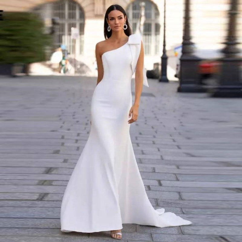 SUENTA Damen Eine Schulter-Meerjungfrauenkleid Maxi für Damen Reines Weiß