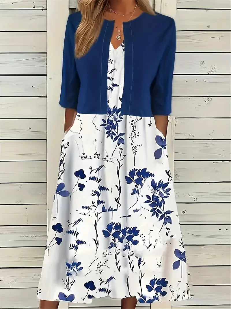 SUENTA Damen Zweiteiler Set – Blumenkleid mit Einfarbigem Crop-Top Navy blau
