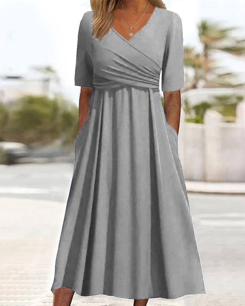 SUENTA Damen Sommerliches Wickelkleid - Mit V-Ausschnitt in Midi-Länge Grau