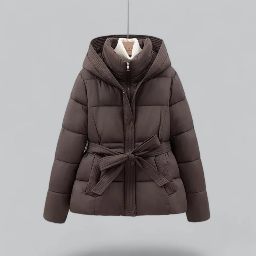 SUENTA Beverly Damen Pufferjacke - Warm mit Gürtel und Kapuze Dunkelbraun