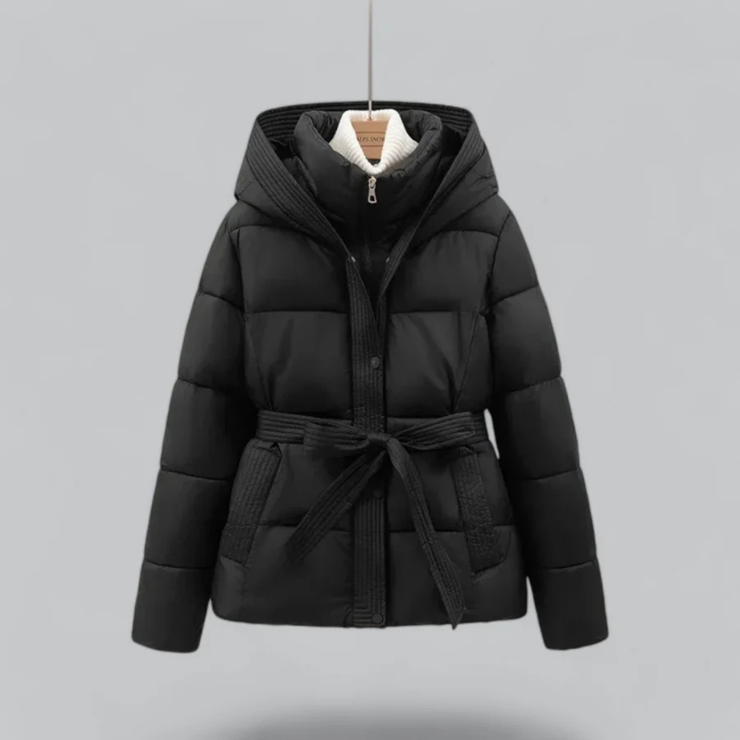 SUENTA Beverly Damen Pufferjacke - Warm mit Gürtel und Kapuze Schwarz