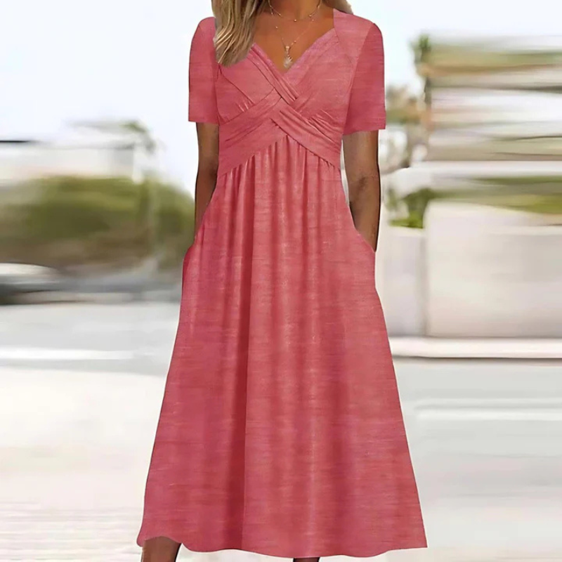 SUENTA Damen Weiches Midi-Kleid - A-Linie mit V-Ausschnitt Rosa