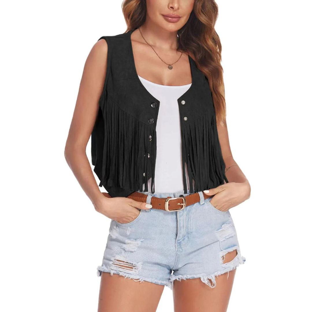 SUENTA Damen Wild Weste Mit Fransen Und Knopfdetail Boho Stil Schwarz