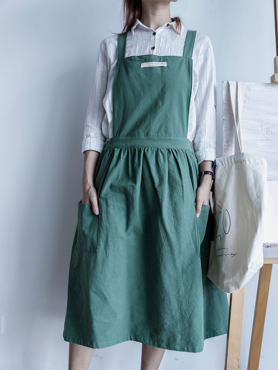 SUENTA Damen Baumwoll Overall – Faltenschürze mit Seitentaschen für Freizeit Grasgrün Einheitsgröße