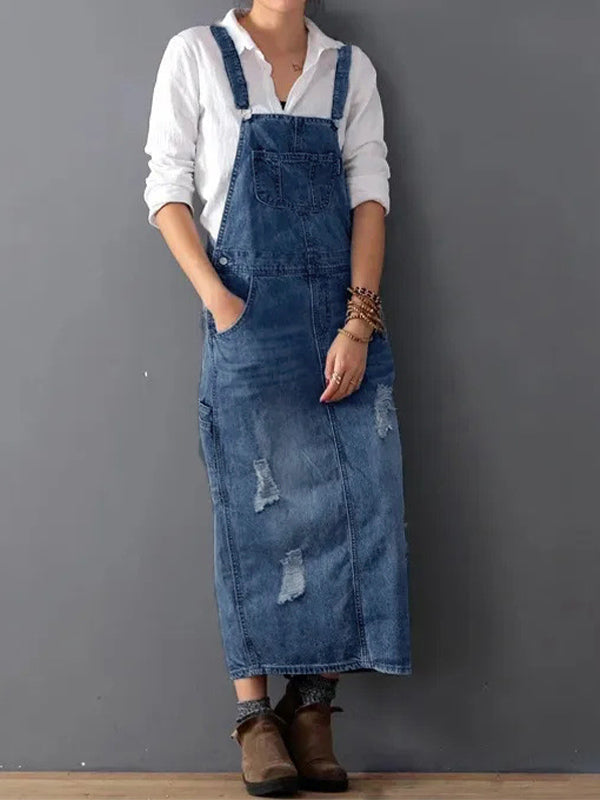 SUENTA Damen Denim Latzkleid – Distressed Overall aus Denimstoff mit Rückenschlitz Dunkelblau