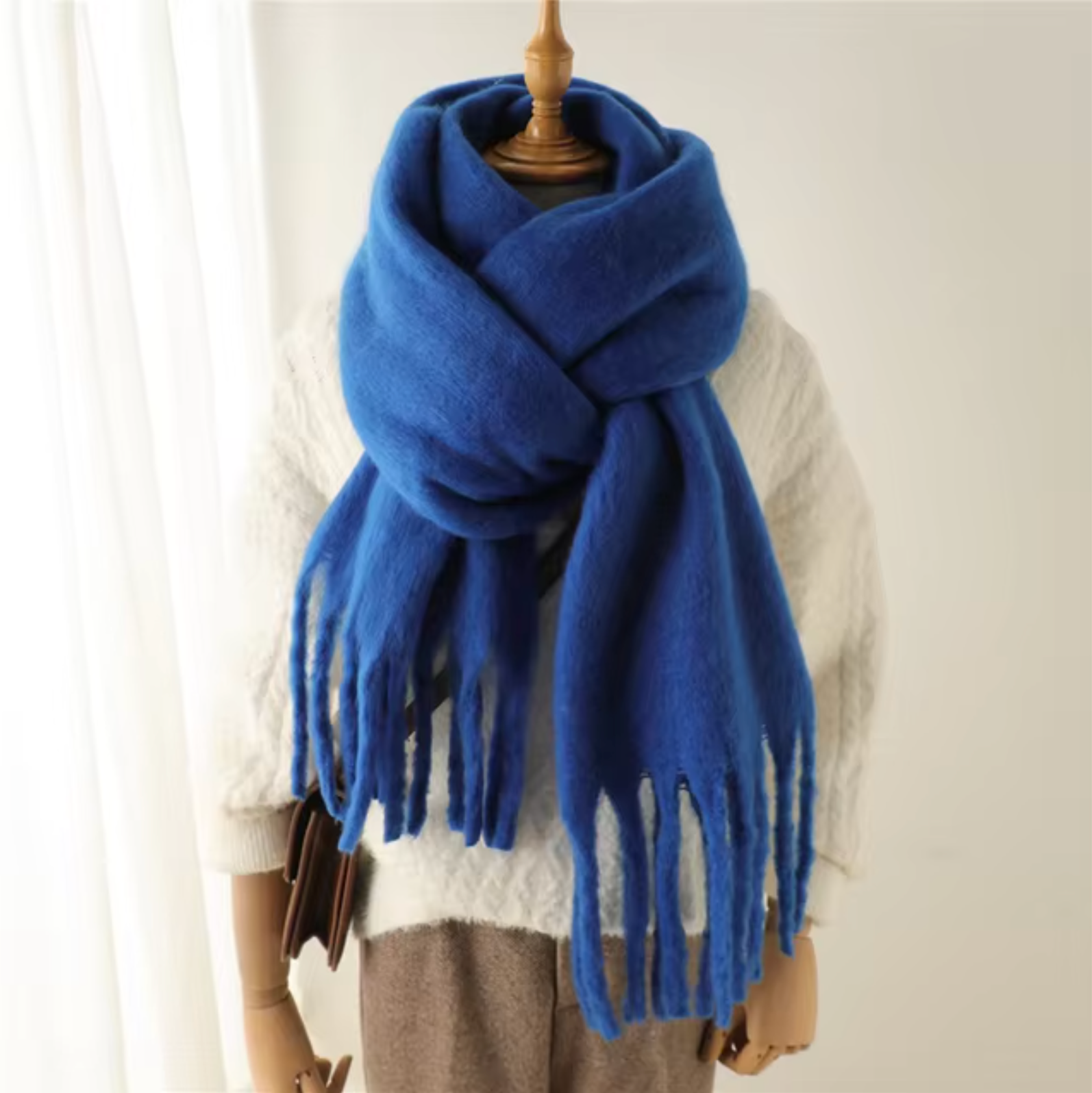 SUENTA Kaschmir-Winter-Schal cashmere-ähnlichem Stoff Lange Fransen Blau Einheitsgröße