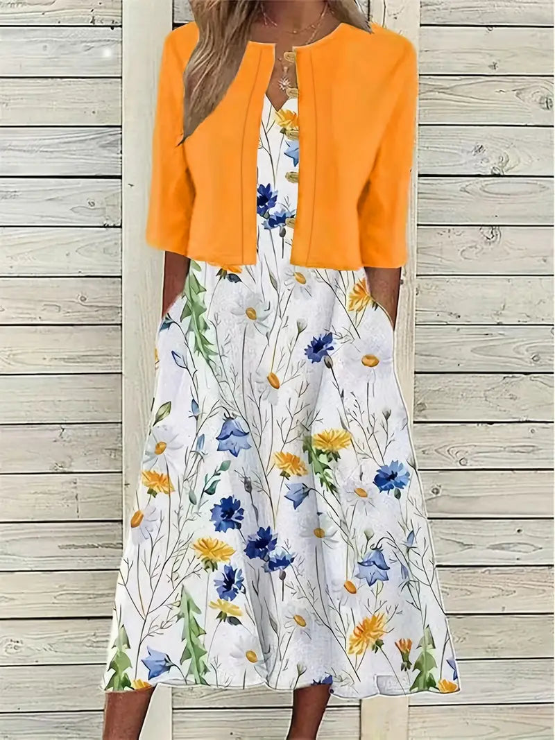 SUENTA Damen Zweiteiler Set – Blumenkleid mit Einfarbigem Crop-Top Gelb