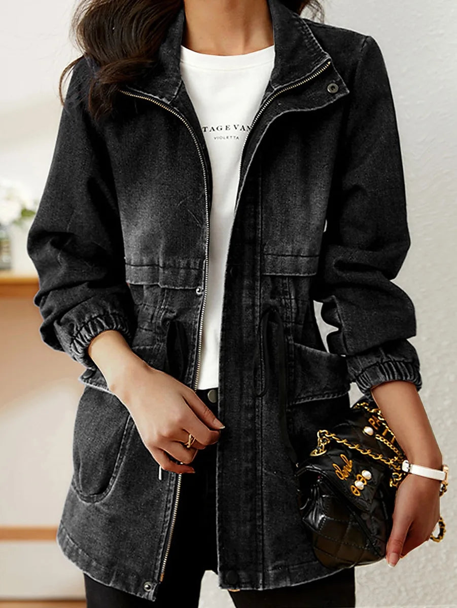 SUENTA Damen Winddichten Denim Jeansjacke Zipper Windproof Mit Reißverschluss Schwarz