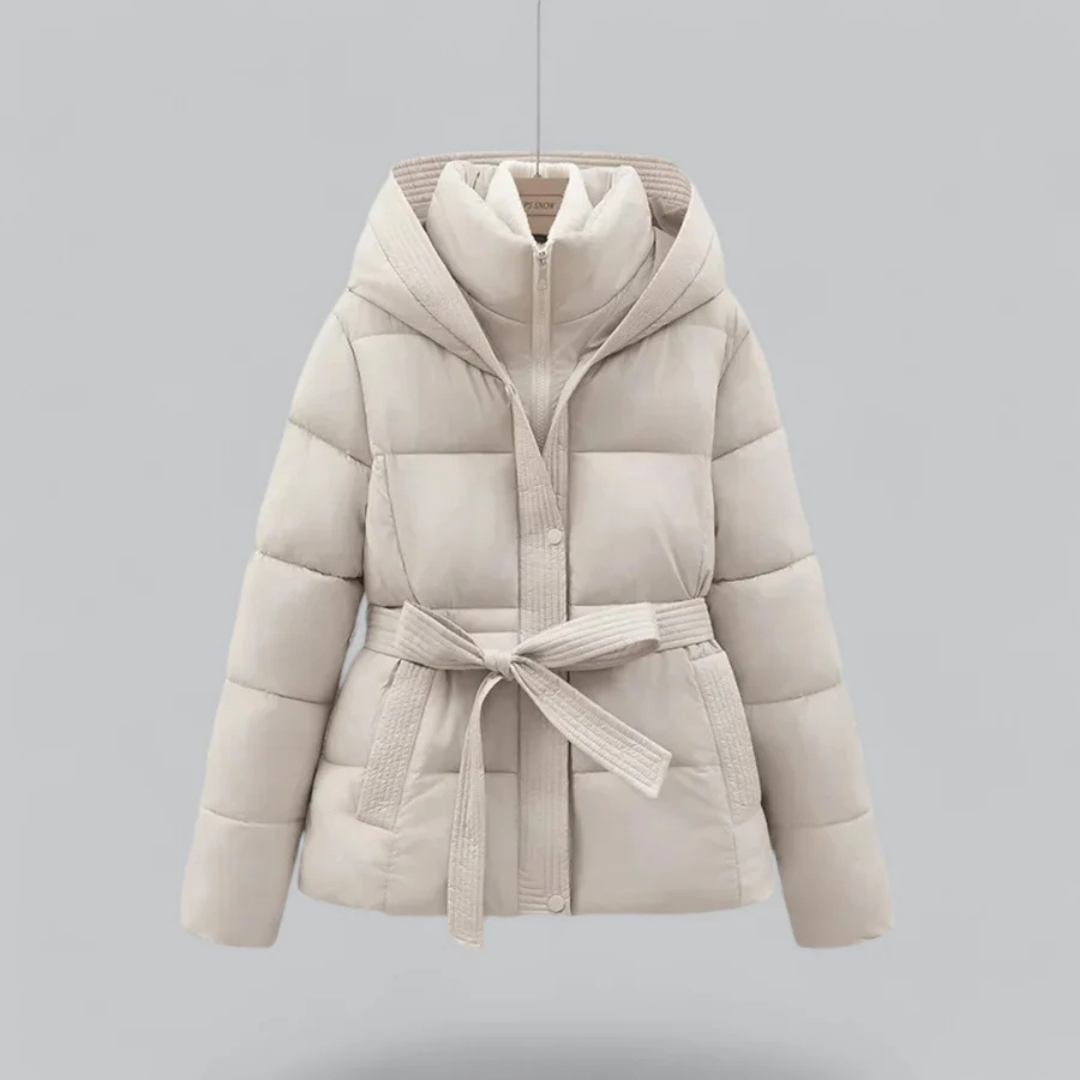 SUENTA Beverly Damen Pufferjacke - Warm mit Gürtel und Kapuze Weiß