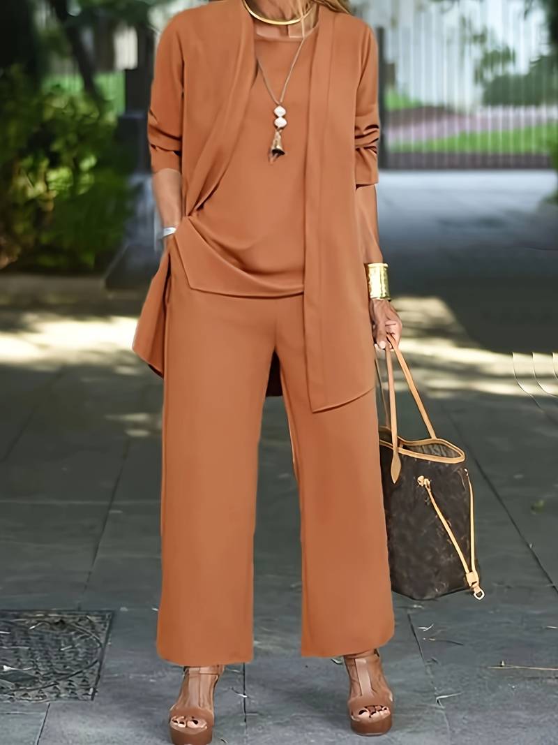SUENTA Damen Zweiteiler Set – Weiche Stoff Weste mit Langer Hose Karamell