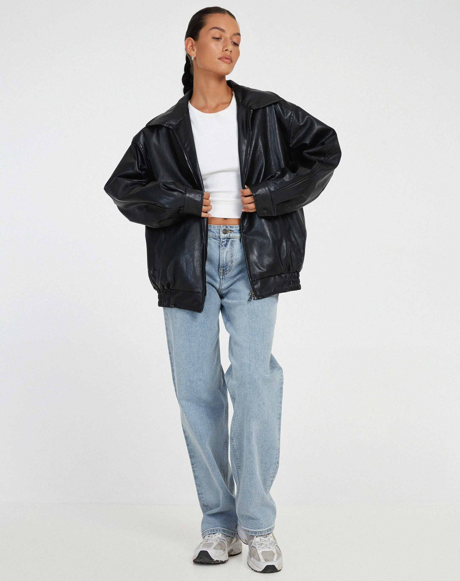 SUENTA Damen Elegante Oversized Lederjacke Für Jeden Anlass Jacke Schwarz