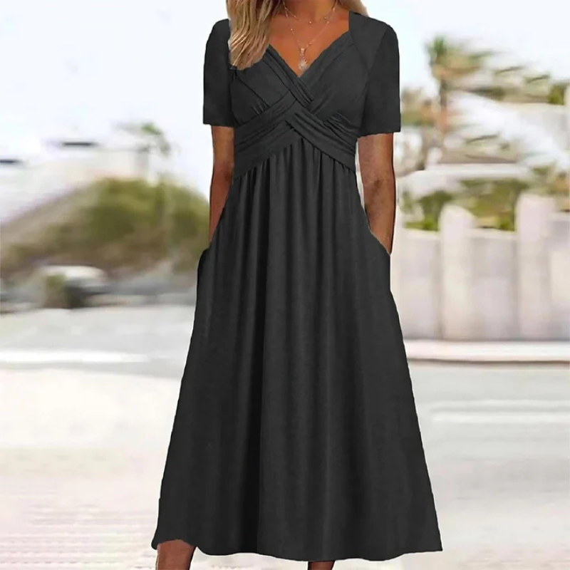 SUENTA Damen Weiches Midi-Kleid - A-Linie mit V-Ausschnitt Schwarz