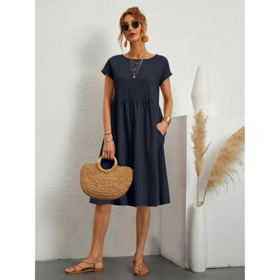 SUENTA Damen Sommerkleid – Midi Kleid mit Kurzen Ärmeln aus Hochwertigem Stoff Marineblau