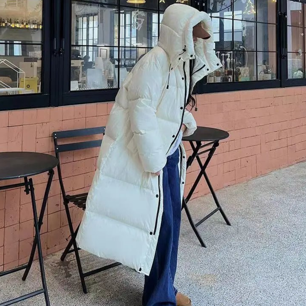 SUENTA Heartbeats Damen Lange Pufferjacke - Warm und Gemütlich mit Kapuze Weiß