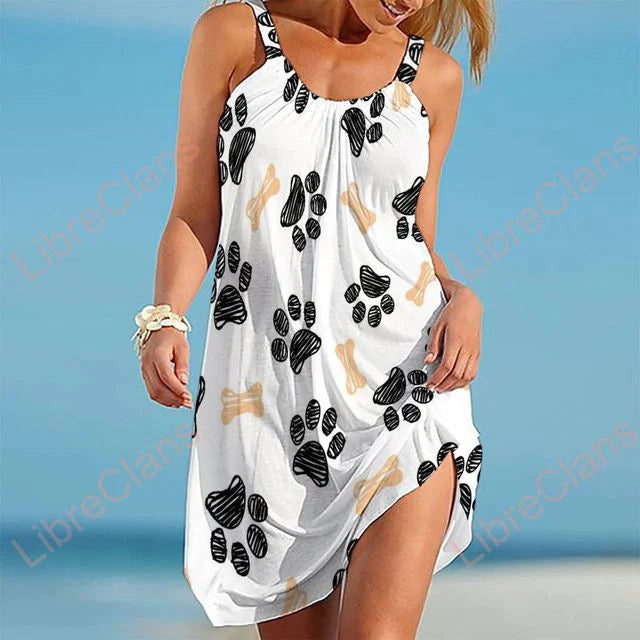 SUENTA Sunkisses Damen Sommerkleid - Locker mit Pfotenabdrücken aus Baumwolle Weiß Beige