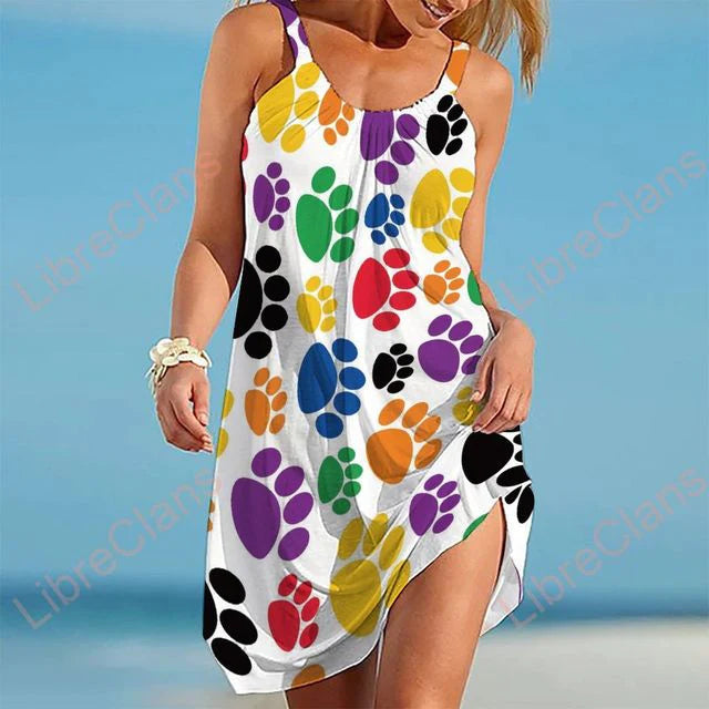 SUENTA Sunkisses Damen Sommerkleid - Locker mit Pfotenabdrücken aus Baumwolle Weiß bunt