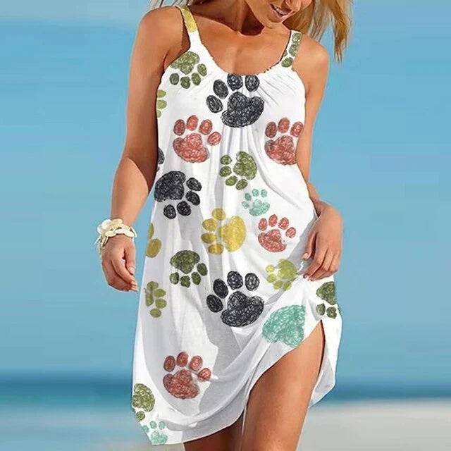 SUENTA Sunkisses Damen Sommerkleid - Locker mit Pfotenabdrücken aus Baumwolle Neutral