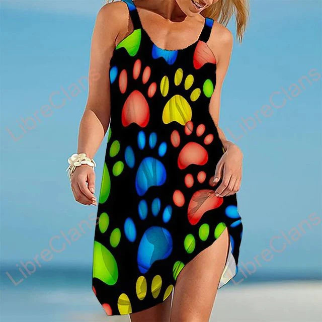 SUENTA Sunkisses Damen Sommerkleid - Locker mit Pfotenabdrücken aus Baumwolle Schwarz Bunt