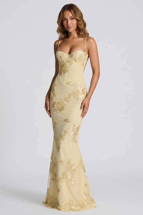 SUENTA Abendkleid mit Blumenmuster – Elegantes rückenfreies Design für Hochzeitsgäste oder besondere Anlässe Zitronengelb