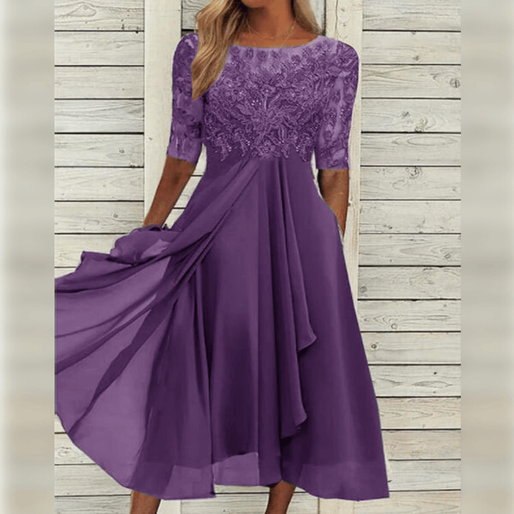 SUENTA Sephira | Abendkleider Spitze Dreiviertelarm – Luxus Spitzenkleid Elegant & Figurbetontes Festkleid Lila