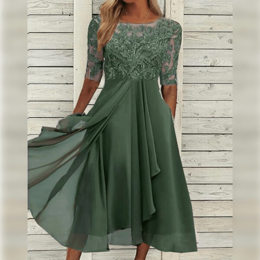 SUENTA Sephira | Abendkleider Spitze Dreiviertelarm – Luxus Spitzenkleid Elegant & Figurbetontes Festkleid Oliv