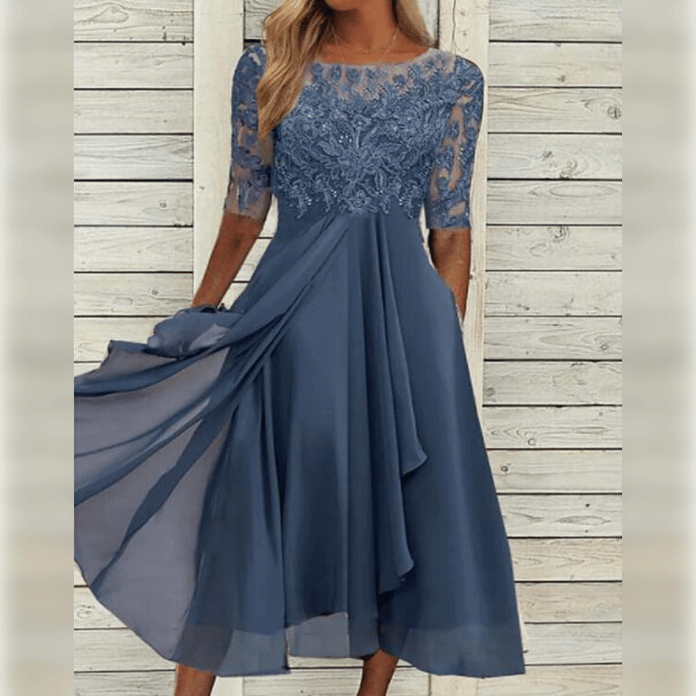 SUENTA Sephira | Abendkleider Spitze Dreiviertelarm – Luxus Spitzenkleid Elegant & Figurbetontes Festkleid Blau
