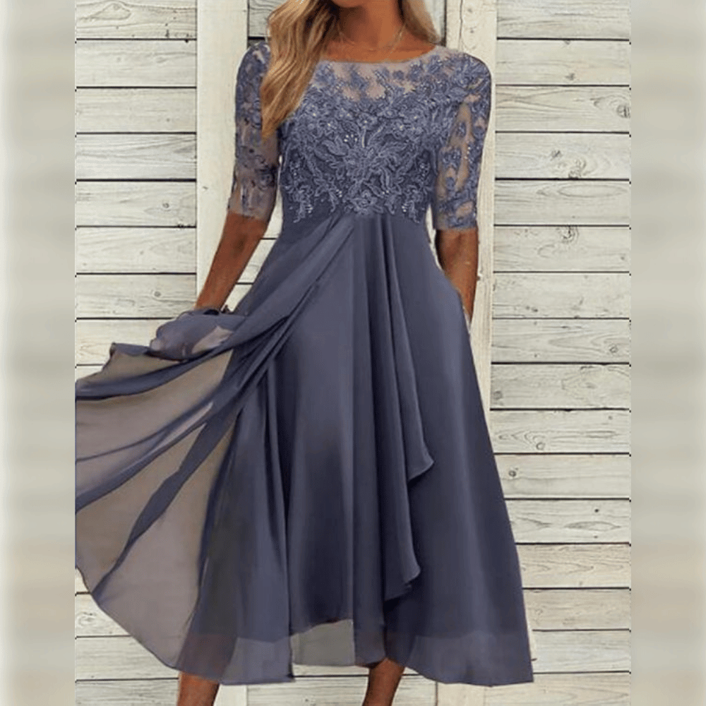 SUENTA Sephira | Abendkleider Spitze Dreiviertelarm – Luxus Spitzenkleid Elegant & Figurbetontes Festkleid Grau