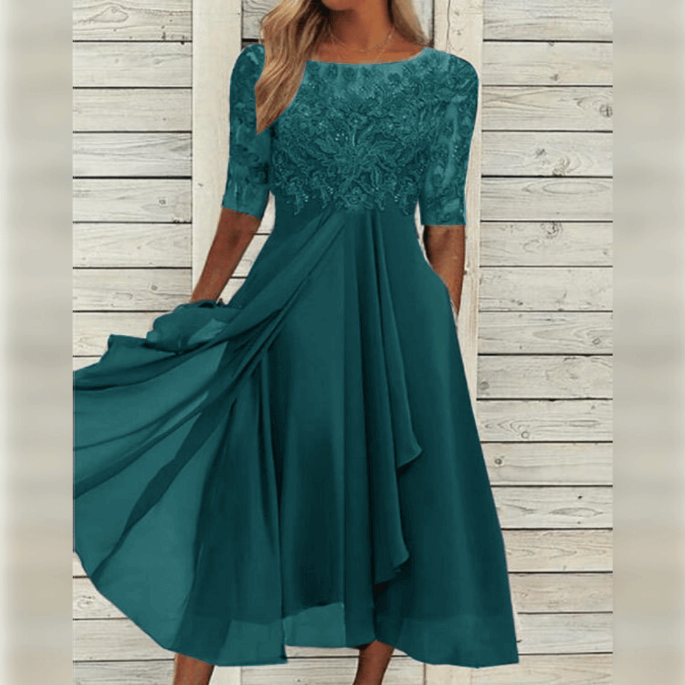 SUENTA Sephira | Abendkleider Spitze Dreiviertelarm – Luxus Spitzenkleid Elegant & Figurbetontes Festkleid Türkis