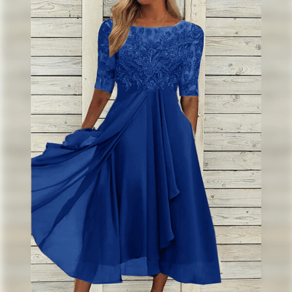 SUENTA Sephira | Abendkleider Spitze Dreiviertelarm – Luxus Spitzenkleid Elegant & Figurbetontes Festkleid Dunkelblau