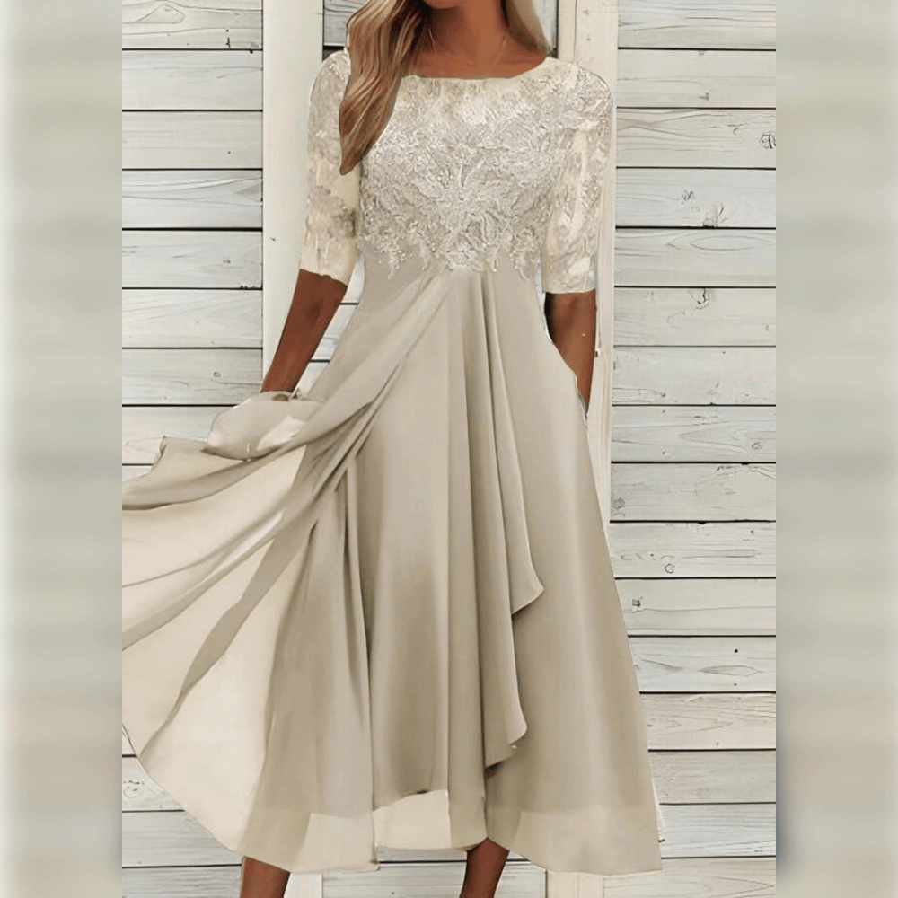 SUENTA Sephira | Abendkleider Spitze Dreiviertelarm – Luxus Spitzenkleid Elegant & Figurbetontes Festkleid Beige