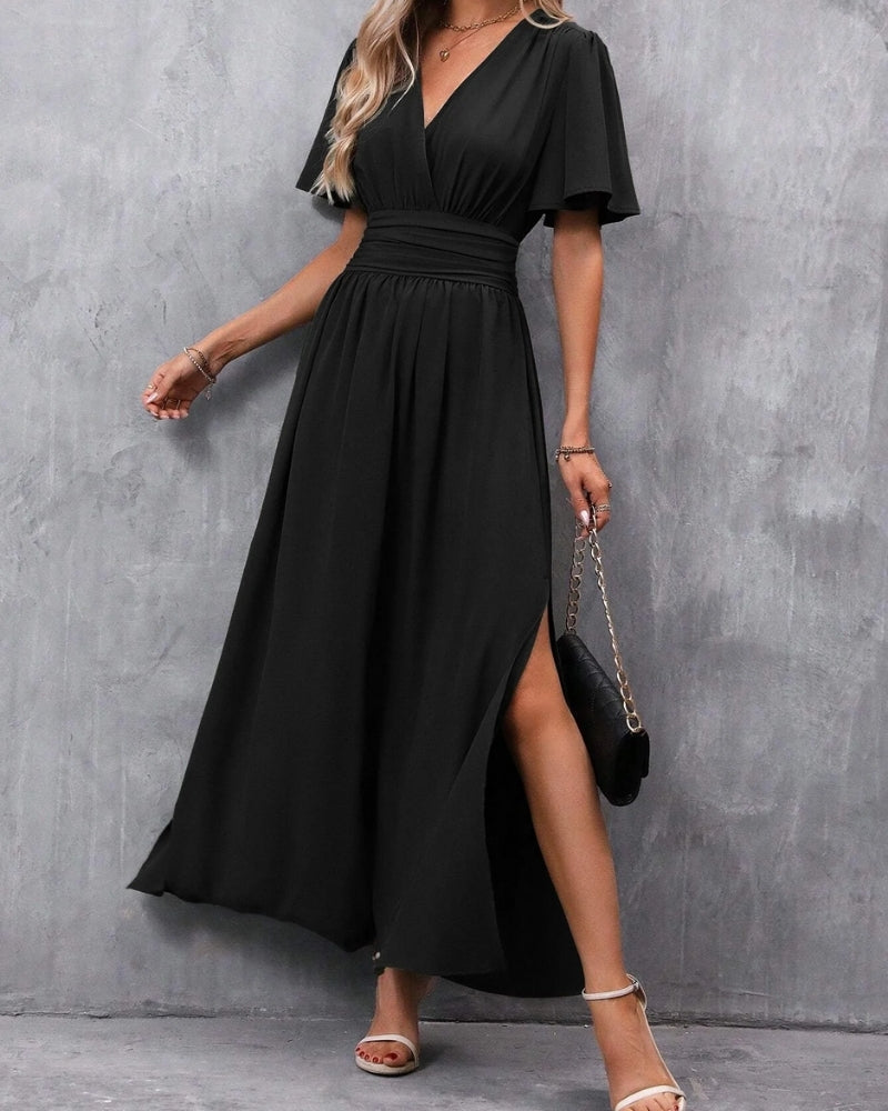SUENTA Damen Maxi-Abendkleid – Femininer Schnitt & Tiefer V-Ausschnitt Schwarz