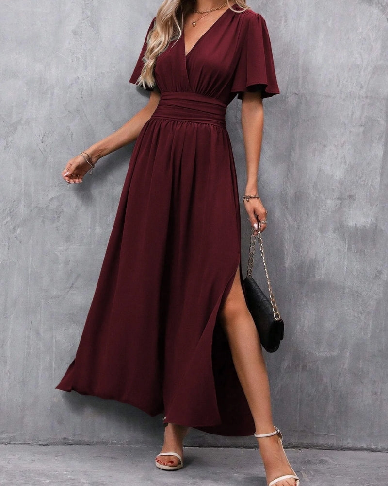 SUENTA Damen Maxi-Abendkleid – Femininer Schnitt & Tiefer V-Ausschnitt Weinrot