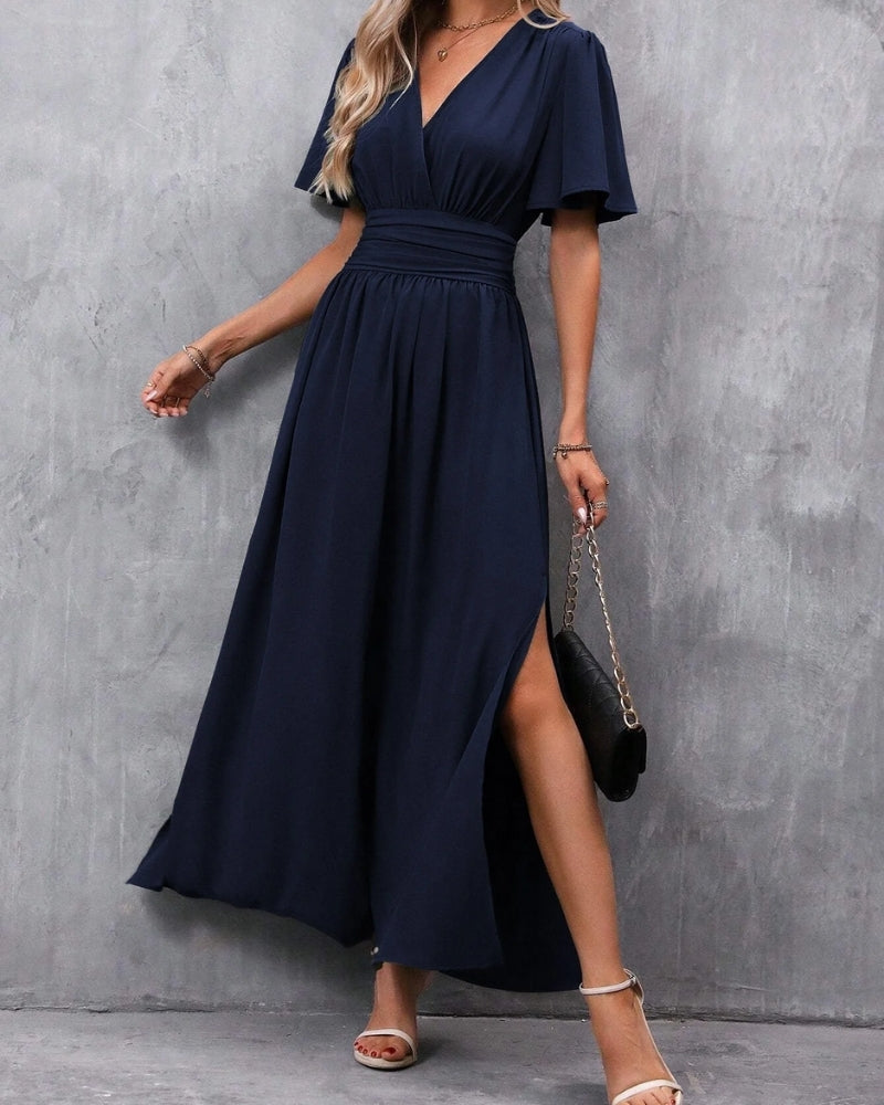 SUENTA Damen Maxi-Abendkleid – Femininer Schnitt & Tiefer V-Ausschnitt Marineblau