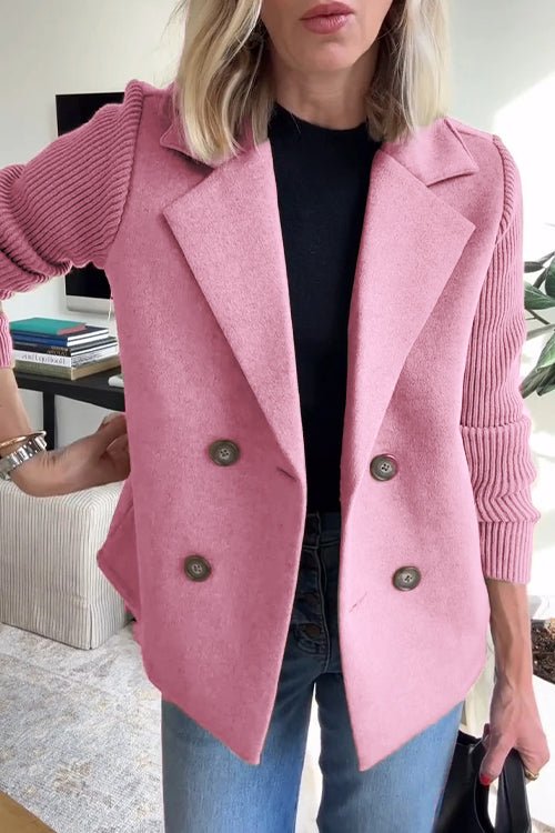 SUENTA Damen Eleganter Blazer Mit Gestreifte Strickärmel Strukturiertes Zweireihiges Design Rosa