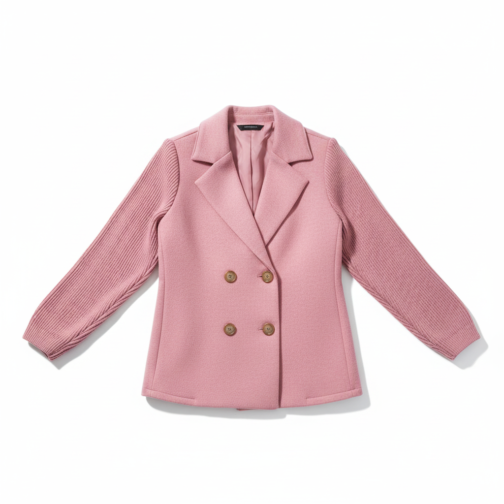 SUENTA Damen Eleganter Blazer Mit Gestreifte Strickärmel Strukturiertes Zweireihiges Design