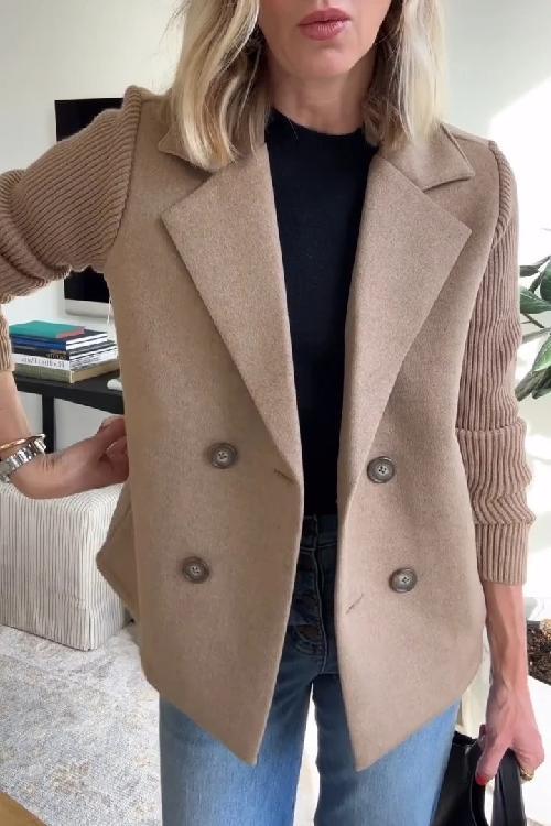 SUENTA Damen Eleganter Blazer Mit Gestreifte Strickärmel Strukturiertes Zweireihiges Design Braun