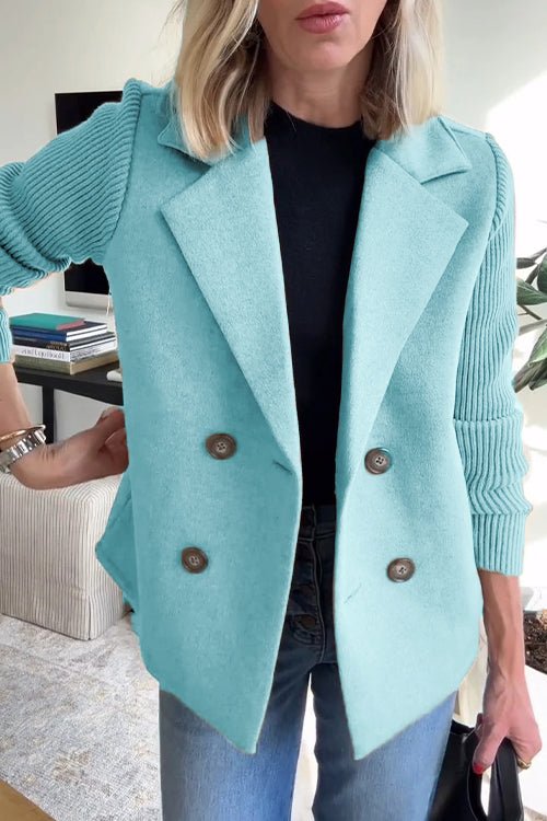 SUENTA Damen Eleganter Blazer Mit Gestreifte Strickärmel Strukturiertes Zweireihiges Design Hellblau