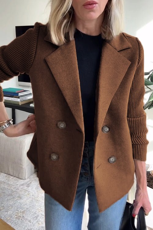 SUENTA Damen Eleganter Blazer Mit Gestreifte Strickärmel Strukturiertes Zweireihiges Design Dunkelbraun