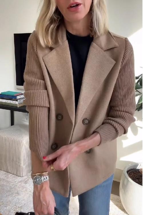 SUENTA Damen Eleganter Blazer Mit Gestreifte Strickärmel Strukturiertes Zweireihiges Design