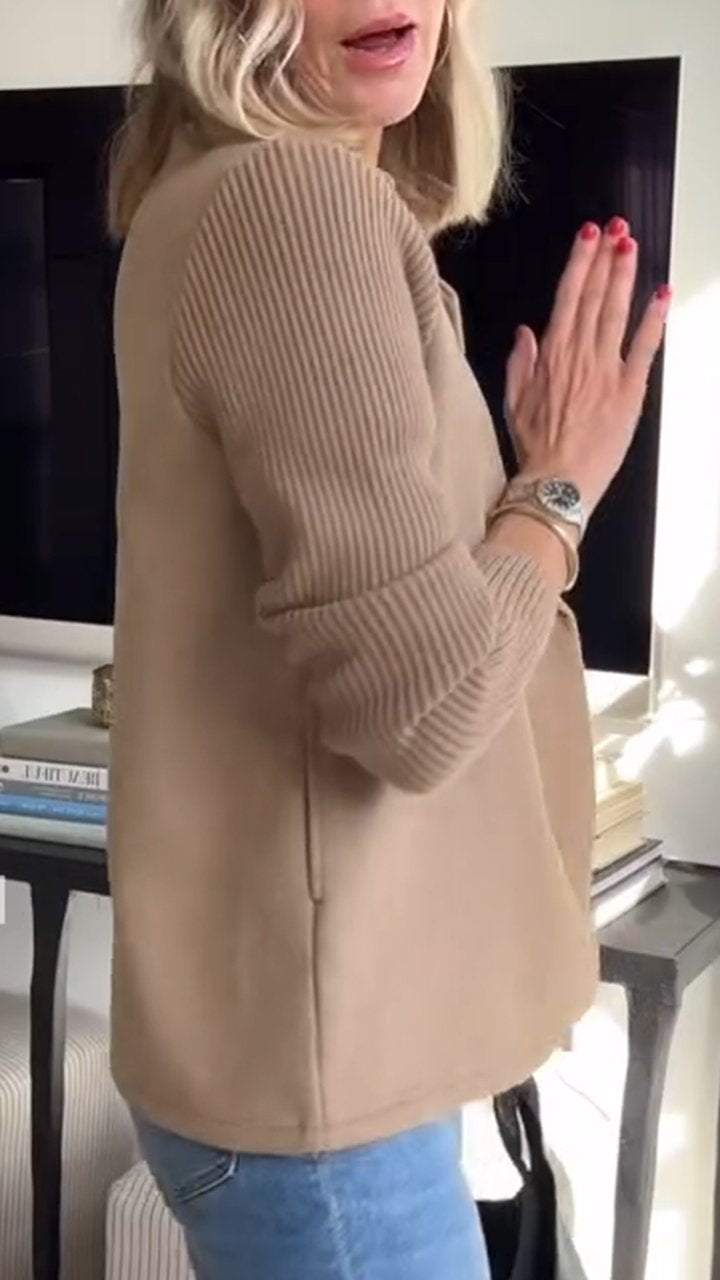 SUENTA Damen Eleganter Blazer Mit Gestreifte Strickärmel Strukturiertes Zweireihiges Design