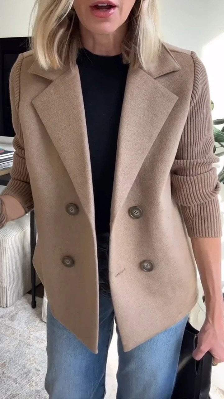 SUENTA Damen Eleganter Blazer Mit Gestreifte Strickärmel Strukturiertes Zweireihiges Design