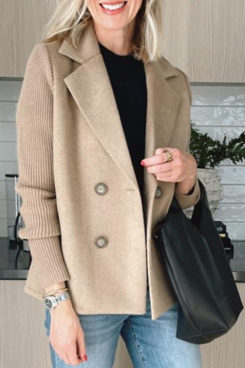 SUENTA Damen Eleganter Blazer Mit Gestreifte Strickärmel Strukturiertes Zweireihiges Design Khaki