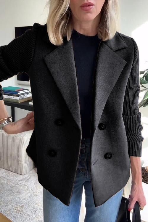 SUENTA Damen Eleganter Blazer Mit Gestreifte Strickärmel Strukturiertes Zweireihiges Design Schwarz